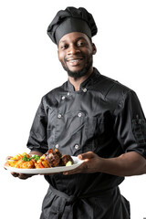 A joyous chef in a black chef's suit holding a plate with meatballs and colorful veggies, indicative of gastronomic delight