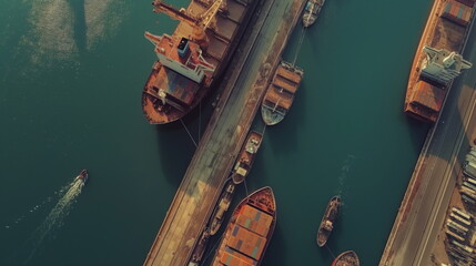 Aerial View of Industrial Port. Cargo Ships Loading and Unloading at Docks - obrazy, fototapety, plakaty