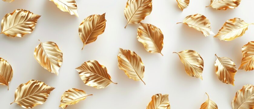 3D golden leaves scattered across a white background, each leaf rendered with realistic textures and hues, evoking an autumnal theme