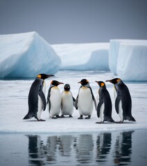 Obraz premium A quintet of king penguins congregates on an ice floe, with the stark white of the Antarctic ice and distant blue icebergs behind them. Their communal stance signals social interaction. AI generation