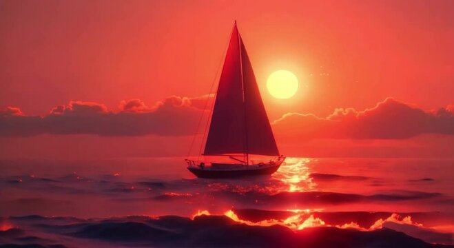 sailboat on the sea and red moon footage