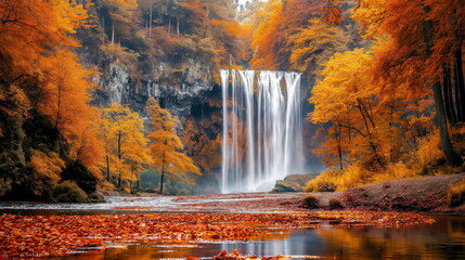 Fototapeta na wymiar Captivating Autumn Beauty, Majestic Waterfall Cascading Through Vibrant Fall Foliage in the Forest
