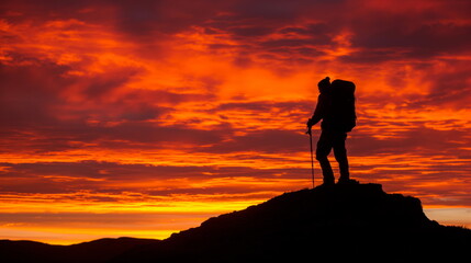 Lone Backpacker Silhouetted Against Fiery Sunset on Remote Mountain Ridge, Contemplative Journey
