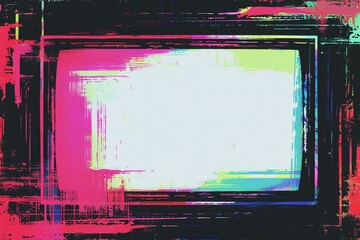 Distorted VHS Frame: A distorted VHS frame with a glitchy border wraps around the edges, leaving a vast expanse of clean white space in the center.
