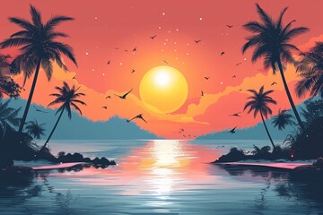 Hand drawn hawaiian seamless island pattern with palm trees, beach and ocean. Modern illustration with light blue color.