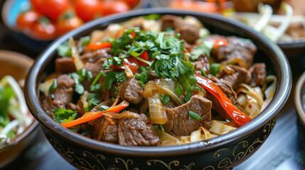 Stewed meat with pieces of vegetables and fresh herbs