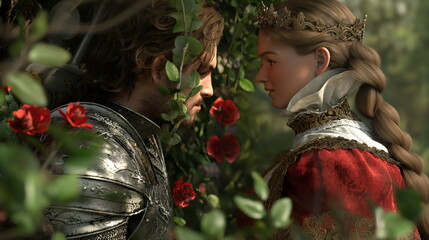 Fair Lady and Gallant Knight Sharing Secret Rendezvous in Garden Bower, Courtly Romance - obrazy, fototapety, plakaty