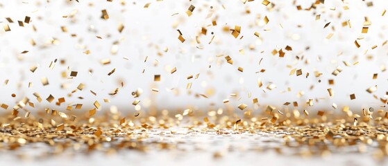 A joyful 3D composition of golden sparkles and confetti, realistically rendered to shimmer against a clean white backdrop
