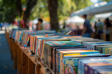 A row of books on a wooden shelf with a few people walking by. Scene is calm and peaceful, as the...