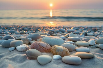 Warm sunrise over a pebble-strewn beach with gentle waves in the background