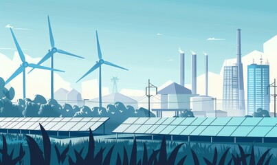 A renewable energy plant, large wind turbine, minimalist style, illustration