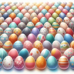 Fototapeta na wymiar A seemingly endless horizon of Easter eggs bathed in soft light reveals a variety of subtle textures and patterns. The harmonious blend of hues captures the gentle essence of the Easter holiday. AI