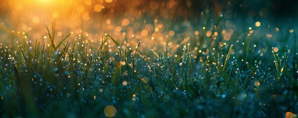 Dewy grass sparkles under the first light of dawn - obrazy, fototapety, plakaty