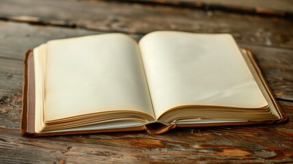 An open blank book with yellowed pages on a rustic wooden table