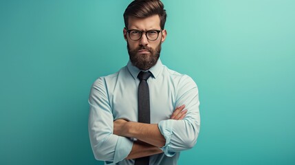 Stern Man in Glasses with Crossed Arms - obrazy, fototapety, plakaty
