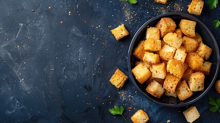 Golden brown croutons in a black bowl on dark textured background with scattered spices