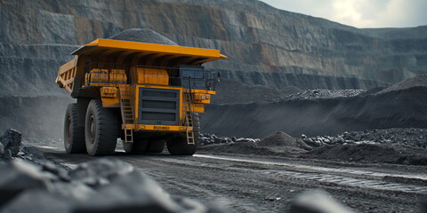 Huge heavy mining dump truck, open pit coal mining, panorama pit coal mining