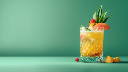 A colorful tropical cocktail with fruit garnish on a green background