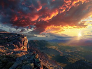Dramatic sunset skies over a rugged landscape