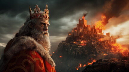 Portrait of King against background of burning castle on cliff. City on fire, medieval castle captured and burned by enemies. Battle for Kingdom - obrazy, fototapety, plakaty