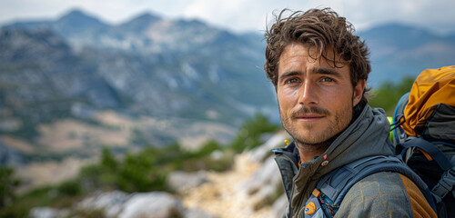 A hiker pausing on a mountain trail, his backpack slung over one shoulder, his eyes meeting the camera with a mix of determination and exhaustion