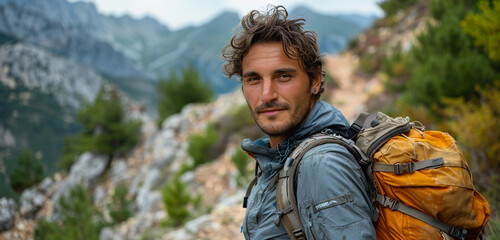 A hiker stops on a mountain trail, looking at the camera with a mix of resolve and tiredness, his...