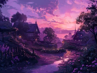Foto op Plexiglas Dusks purple and pink hues envelop a quiet village © WARIT_S