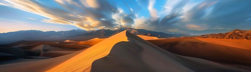 Dynamic interplay of shadow and light over sand dunes under a broad sky.