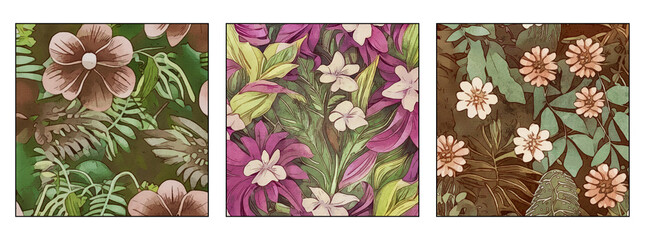 Set of 3 Watercolor painting on canvas. Artistic brush strokes. Botanical illustration for printing on wall decorations. Generated by Ai