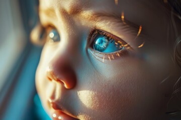 A captivating close-up of a childs face with striking blue eyes.