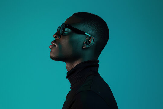A conceptual image showcasing a male profile in a turtle neck against a teal backdrop, focusing on form and color