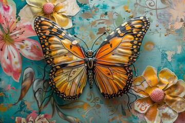 A vibrant butterfly painted on a serene blue background, capturing the beauty and grace of nature.