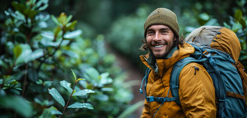 A smiling backpacker gazing into the camera while strolling amid verdant surroundings - obrazy, fototapety, plakaty