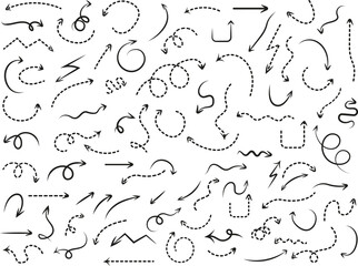 Set of simple hand drawn arrows . Vector hand drawn arrow mark  vector icons . Black simple dotted arrow collection . Vector pointer signs .