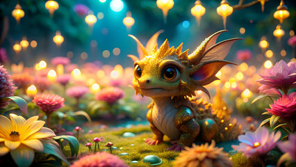 cute gold dragon In the glowing flower garden, a fantasy land