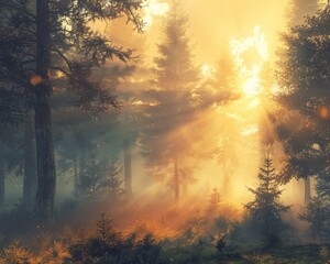 Gentle sunrise over a misty forest - obrazy, fototapety, plakaty