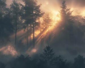 Gentle sunrise over a misty forest