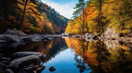 Fototapeta na wymiar Serene river with autumn foliage and reflection in the background