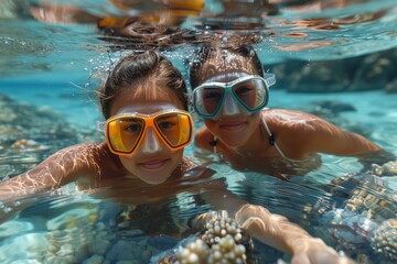 Naklejka premium Two snorkelers exploring a coral reef, their faces visible through the clear water and colorful masks