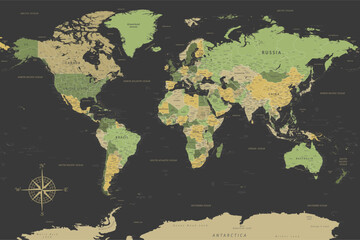 World Map - Highly Detailed Vector Map of the World. Ideally for the Print Posters. Green Yellow Black Colors - obrazy, fototapety, plakaty