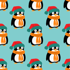 Penguins in a hat seamless pattern, cute animals in flat illustration style, funny animals