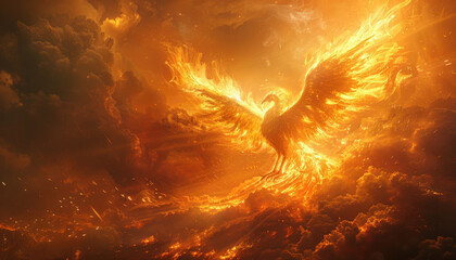 A fiery bird is flying through a sky filled with clouds and fire by AI generated image