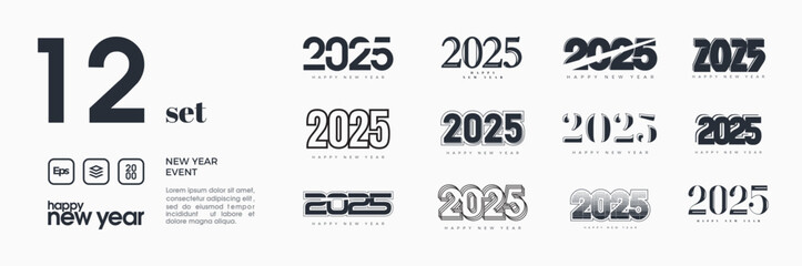 Collection of vector numbers for happy new year 2025. With unique and modern numbers. With black on a pure white background.