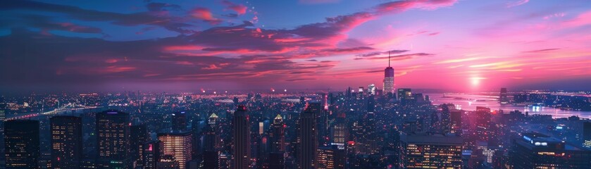 Glowing city lights under a twilight sky