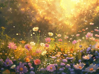 Obraz na płótnie Canvas Golden hour sunlight filters through a vibrant field of flowers