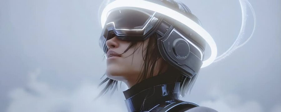 Close up shot of steampunk girl wearing a helmet standing with nimbus in front of gray cosmic fog light background. Anamorphic 4K