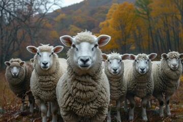 A flock of sheep with thick wool calmly standing together amidst a serene fall landscape in the forest
