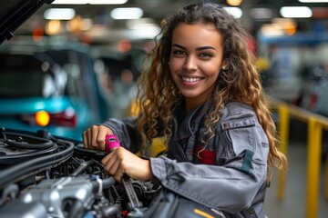 Beautiful mechanic in a grey jacket working under the hood of a car with a bright smile