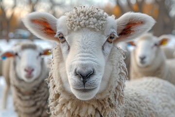 Portrait of a woolly sheep with a curious gaze in a snowy winter setting, focusing on its face and fleece