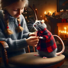 Dziewczynka Że Swoim Przyjacielem Szczurkiem - obrazy, fototapety, plakaty
